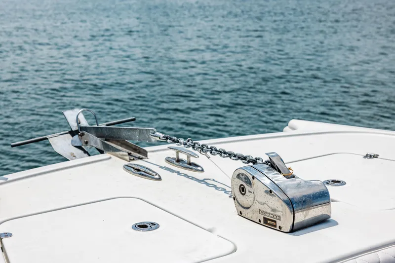 Slide: The Image of Anchor and winch on Freeman 34VH boat, 2024 model, with ocean background. - 35