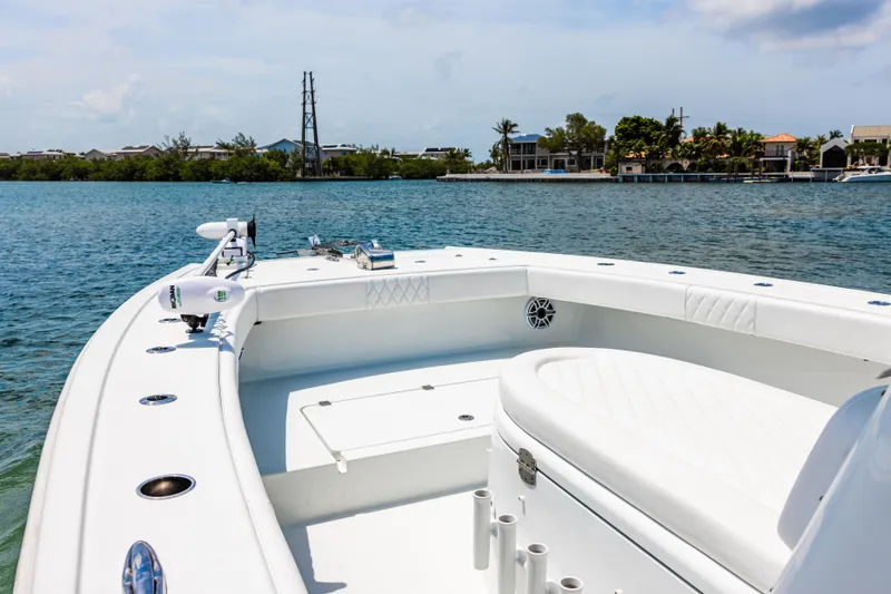 Slide: The Image of 2024 Freeman 34VH boat on calm water, showcasing sleek white deck design. - 17