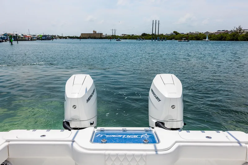 Slide: The Image of Freeman 34VH 2024 boat with dual Mercury outboard engines on a calm waterway. - 29