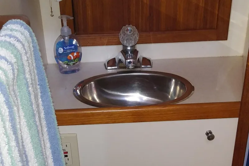 Slide: The Image of A sink with a faucet and a soap dispenser bottle beside it. - 43