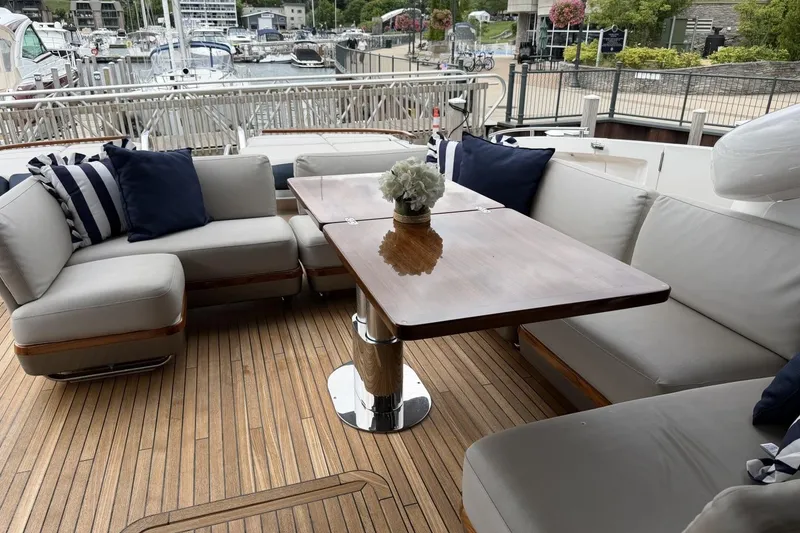 Slide: The Image of Luxurious 2020 Princess S78 yacht deck with elegant seating and wooden table. - 17