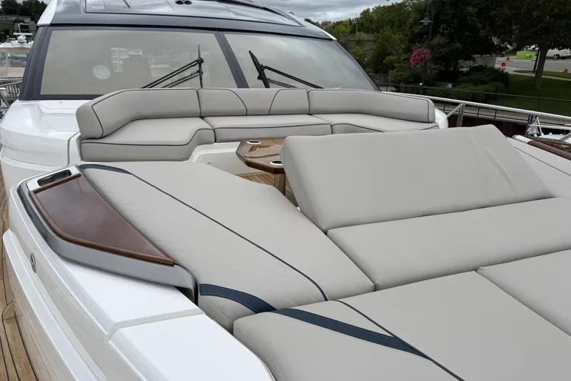 Slide: The Image of Luxurious seating area on a 2020 Princess S78 yacht, featuring elegant design and comfort. - 79