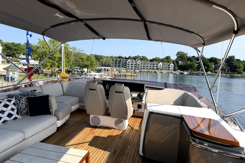 Slide: The Image of Luxurious 2020 Princess S78 yacht interior with elegant seating and waterfront view. - 66
