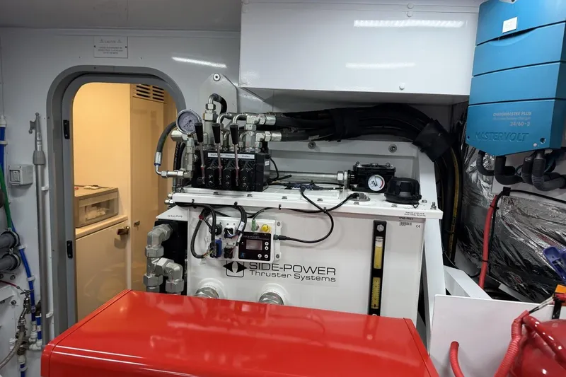 Slide: The Image of Engine room of a 2020 Princess S78 yacht featuring Side-Power thruster systems. - 97
