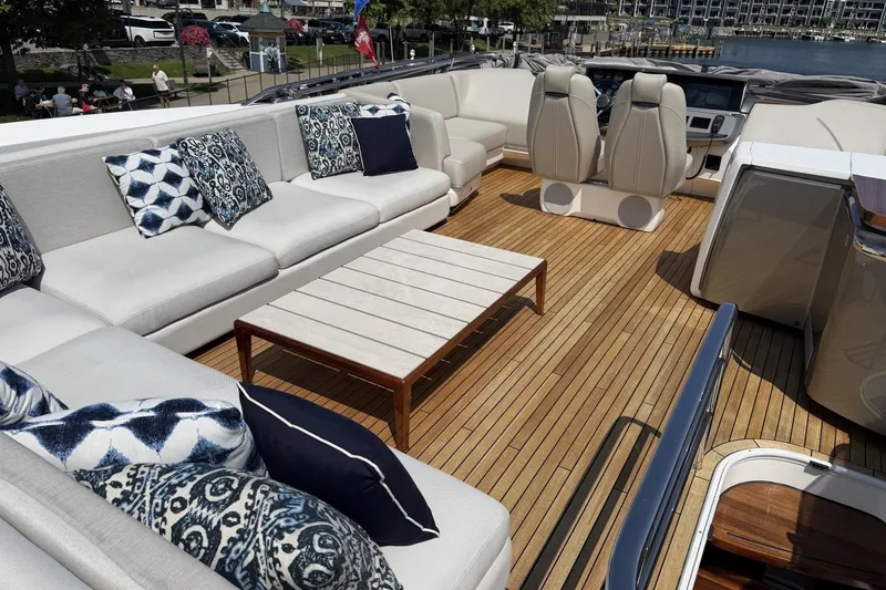 Slide: The Image of Luxurious 2020 Princess S78 yacht deck with elegant seating and stylish cushions. - 72