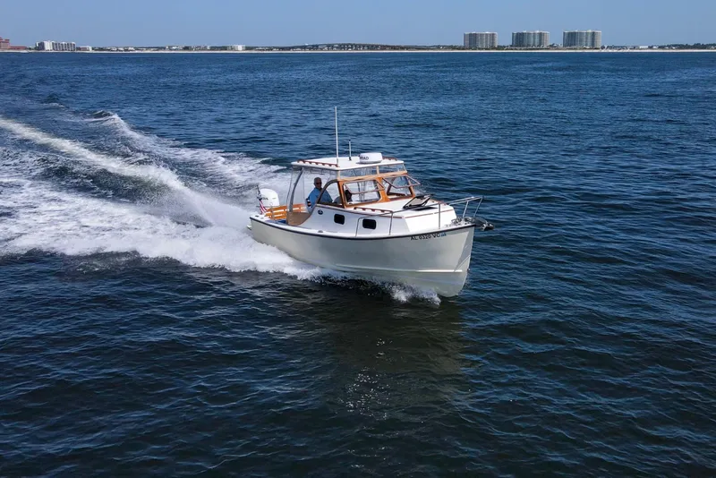 Slide: The Image of 2019 Seaway Seafarer 24 cruising on open water, with coastal skyline in background. - 2