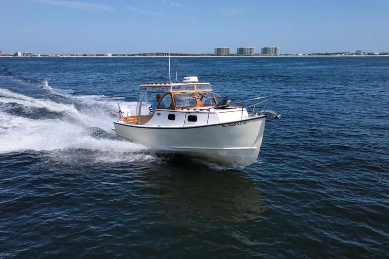 Slide: The Image of 2019 Seaway Seafarer 24 cruising on open water with city skyline in background. - 3