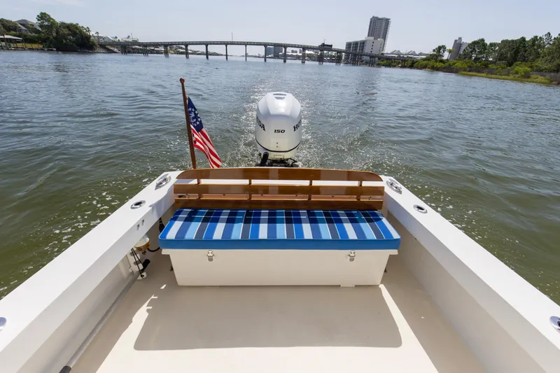Slide: The Image of 2019 Seaway Seafarer 24 boat with blue-striped seating, cruising on a scenic river. - 16