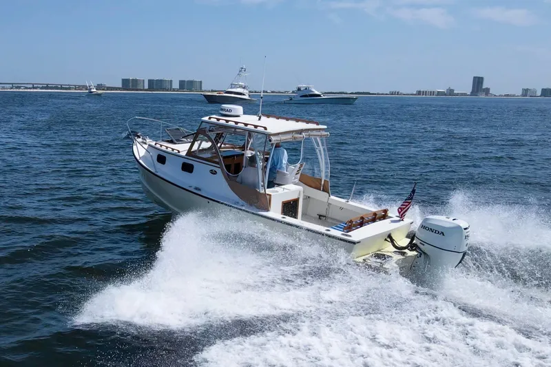 Slide: The Image of 2019 Seaway Seafarer 24 cruising on open water with city skyline in background. - 9
