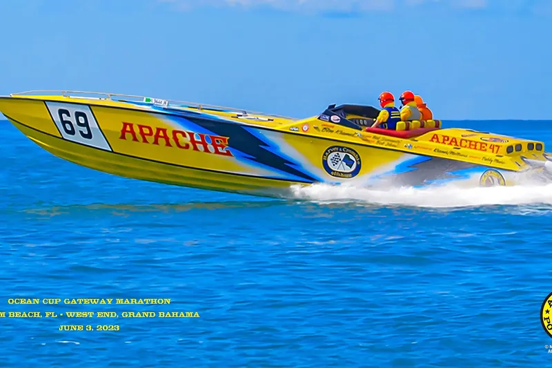 Slide: The Image of Yellow Apache 47 speedboat racing on ocean, Ocean Cup Gateway Marathon, June 3, 2023. - 3