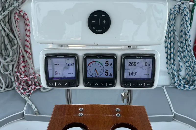 Slide: The Image of Sailing instruments on a 1995 Catalina 400 yacht, displaying navigation and wind data. - 9