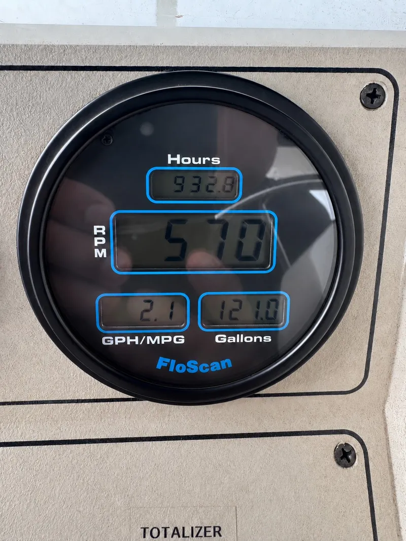 Slide: The Image of A FloScan gauge displays 932.8 hours, 570 RPM, 2.1 GPH/MPG, and 121.0 gallons. - 26
