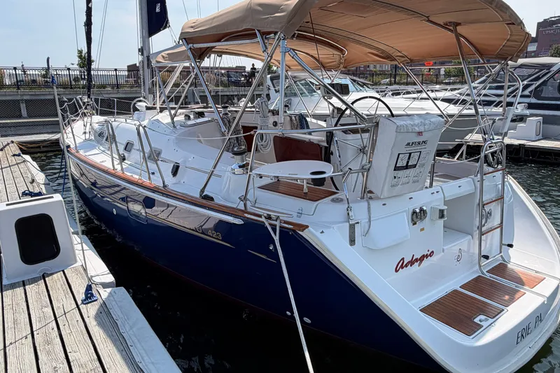 Slide: The Image of 2006 Beneteau 423 sailboat docked, featuring sleek design and spacious deck. - 4