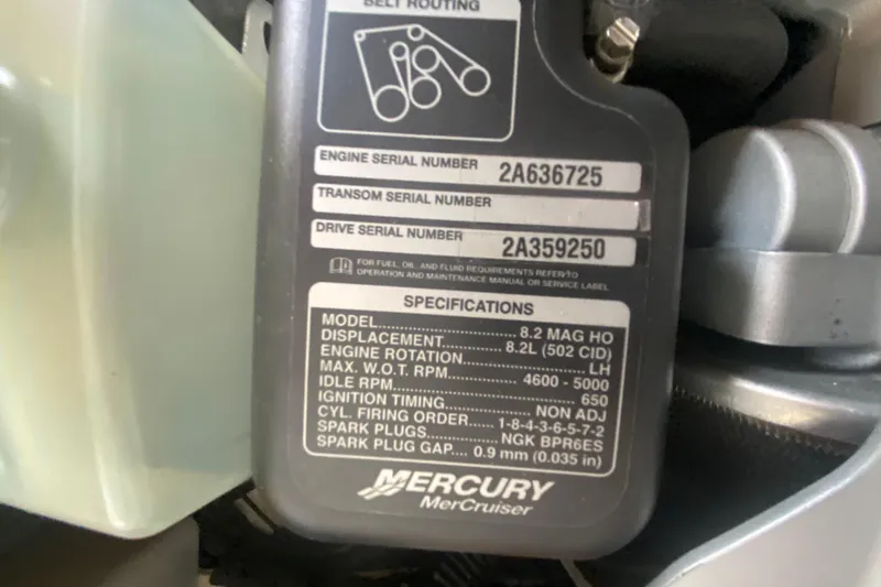 Slide: The Image of Close-up of Mercury MerCruiser engine specifications on a 2019 Sea Ray SLX 400 boat. - 57