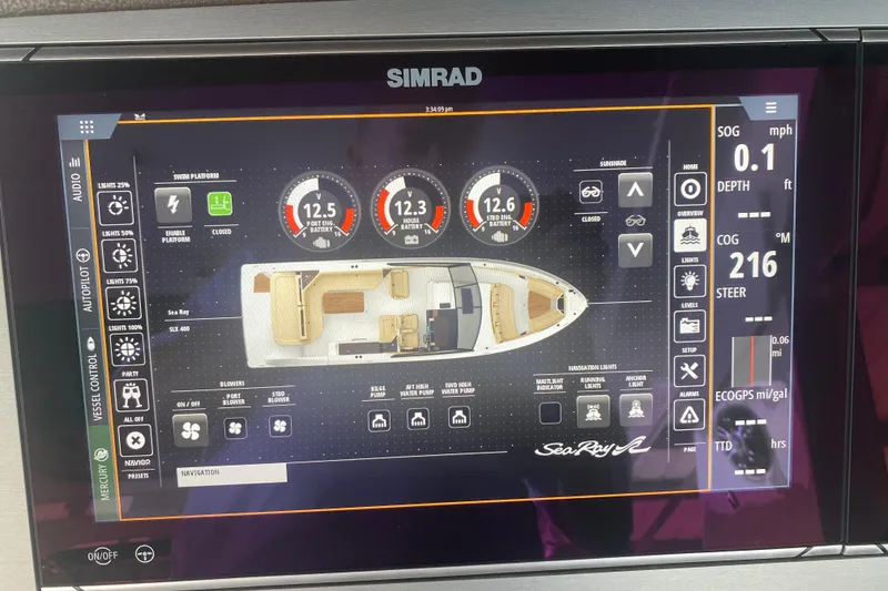 Slide: The Image of Simrad display on 2019 Sea Ray SLX 400 showing navigation and vessel control settings. - 49