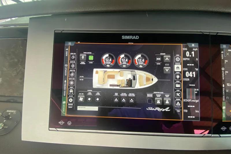 Slide: The Image of Simrad display on 2019 Sea Ray SLX 400 boat showing navigation and system controls. - 26