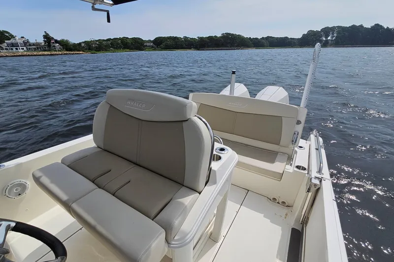 Slide: The Image of 2021 Boston Whaler 270 Dauntless boat interior on calm water. - 23