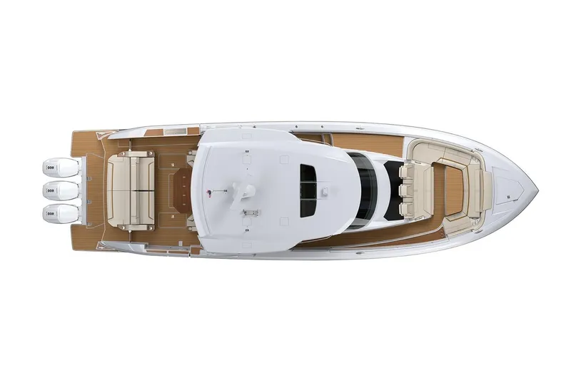 Slide: The Image of Aerial view of a luxurious 2026 Tiara Yachts 48 LS with three outboard engines. - 46