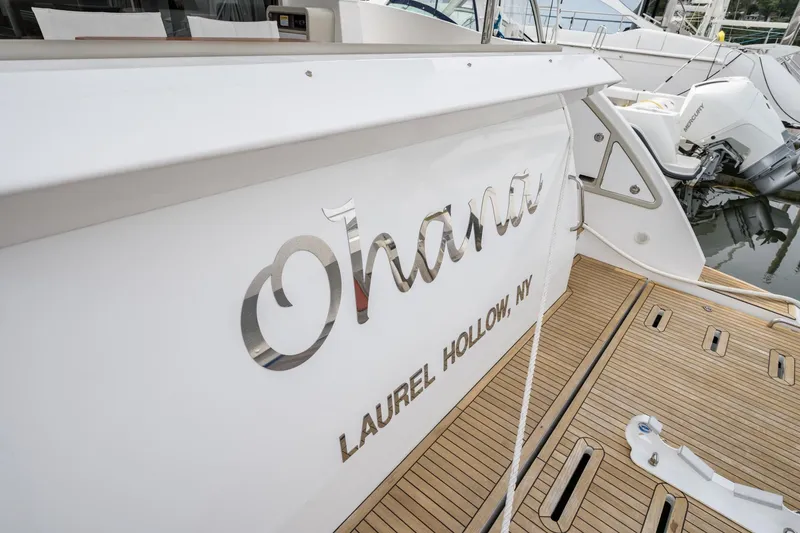 Slide: The Image of Azimut Fly 50 yacht, 2020 model, docked with "Ohana" nameplate, Laurel Hollow, NY. - 22