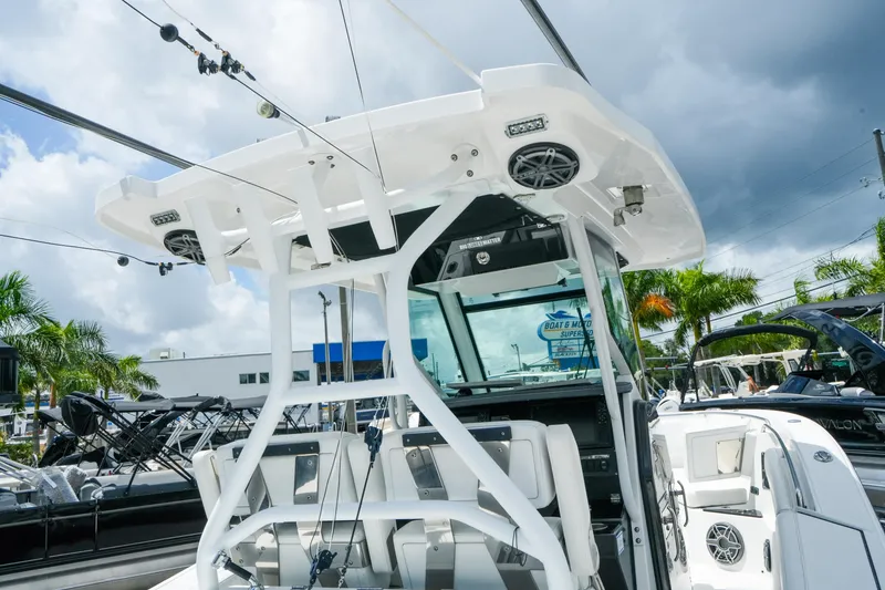 Slide: The Image of 2019 Blackfin 272 CC boat with modern seating and overhead speakers. - 12