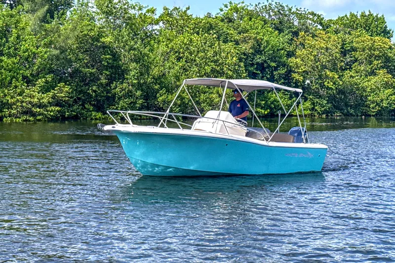 Slide: The Image of A turquoise White Shark 210CC boat on calm water, surrounded by trees. - 12