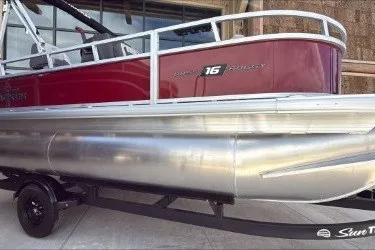 The Image of 2026 Sun Tracker Bass Buggy 16 XL Select pontoon boat, red and silver design. - 0