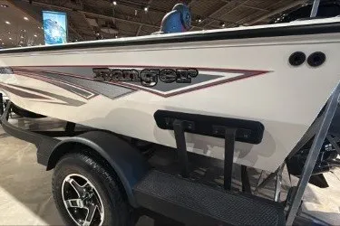 Slide: The Image of 2026 Ranger VS1682SC Angler boat, side view, showcasing sleek design and branding. - 3