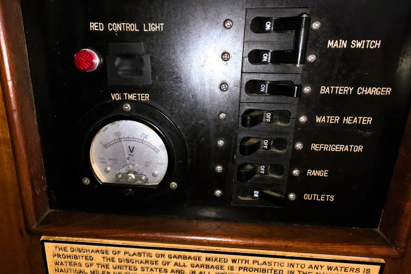 Slide: The Image of Electrical control panel of a 1978 CHB 34 trawler with voltmeter and switches. - 32