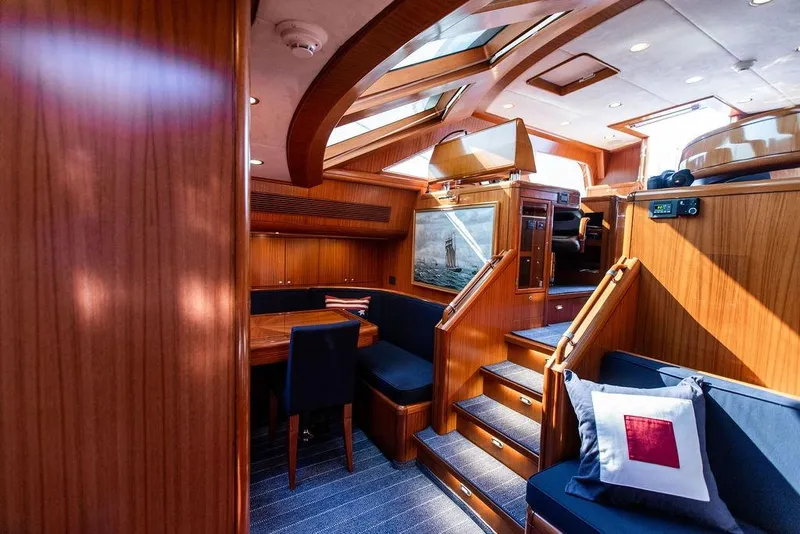 Slide: The Image of Luxurious 2004 Ta Chiao Custom Pilothouse Cutter interior with elegant wood finish and skylights. - 29