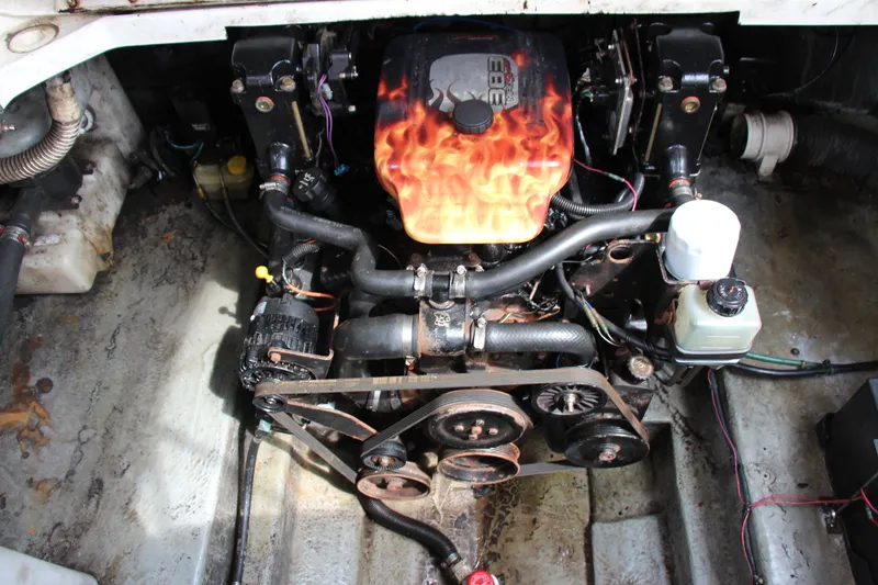 Slide: The Image of Engine compartment of a 2002 Sea Ray Sundancer 260 with custom flame-painted cover. - 12