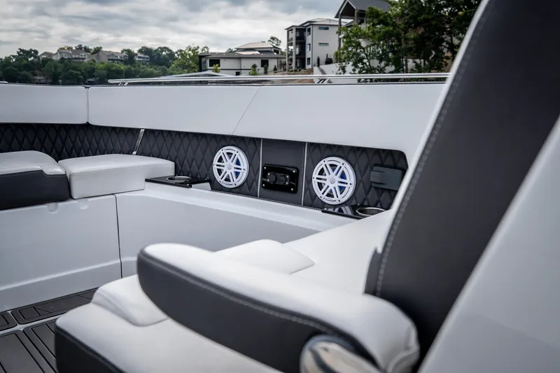 Slide: The Image of Interior of 2023 Monterey 378SS Super Sport boat with luxurious seating and audio system. - 23