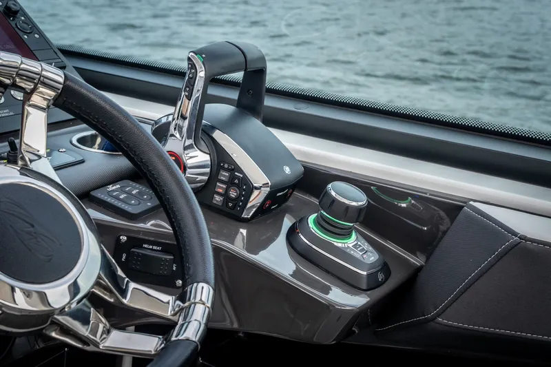 Slide: The Image of 2023 Monterey 378SS Super Sport helm with advanced controls and steering wheel. - 16