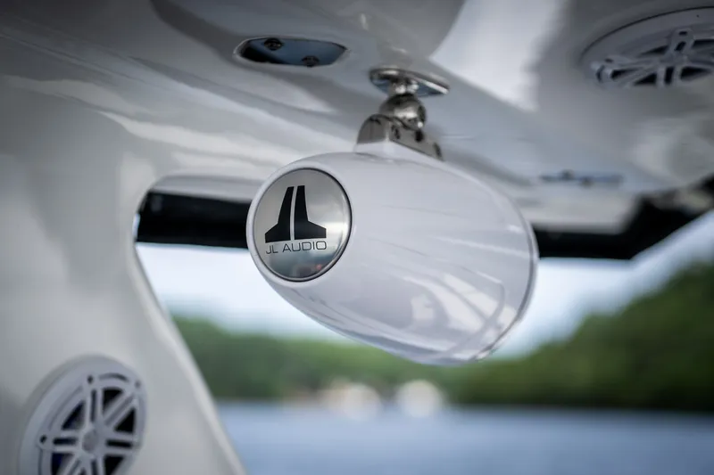 Slide: The Image of JL Audio speaker on 2023 Monterey 378SS Super Sport boat. - 11