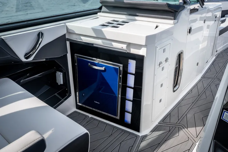 Slide: The Image of 2023 Monterey 378SS Super Sport boat interior with sleek design and modern amenities. - 20
