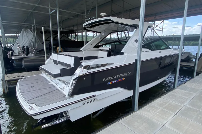 Slide: The Image of 2023 Monterey 378SS Super Sport boat docked in a marina, showcasing sleek design and luxury features. - 11