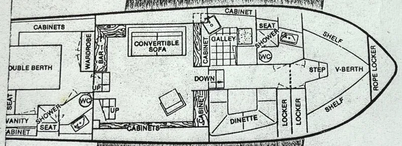 Slide: The Image of 1983 Silverton 402 Motor Yacht floor plan with convertible sofa, double berth, and galley layout. - 36