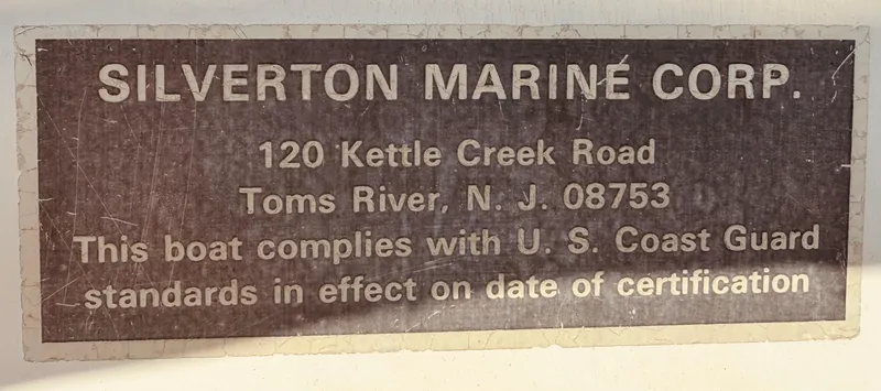 Slide: The Image of Plaque for 1983 Silverton 402 Motor Yacht, U.S. Coast Guard compliant, Toms River, NJ. - 34