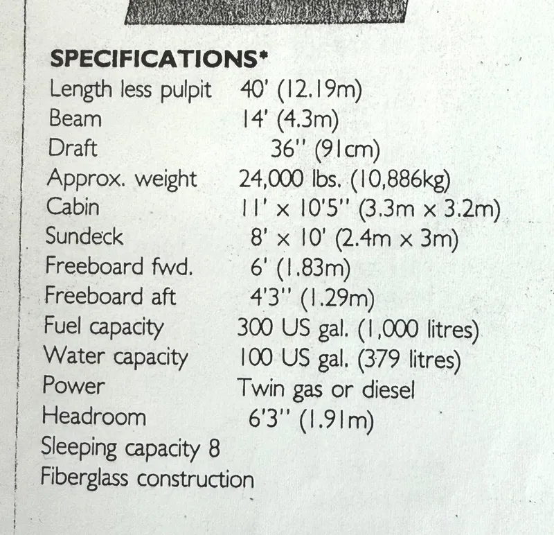 Slide: The Image of Specifications for 1983 Silverton 402 Motor Yacht: 40' length, 14' beam, twin gas/diesel power. - 35