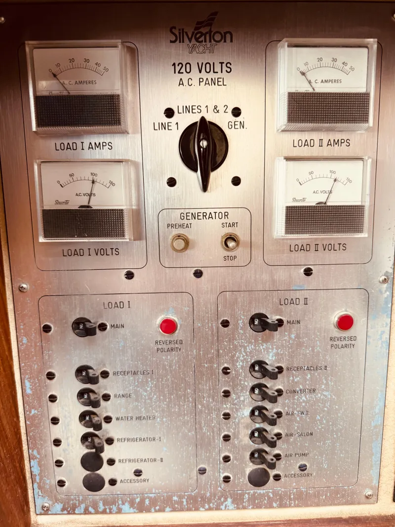 Slide: The Image of Control panel of a 1983 Silverton 402 Motor Yacht, featuring voltage and amperage gauges. - 28