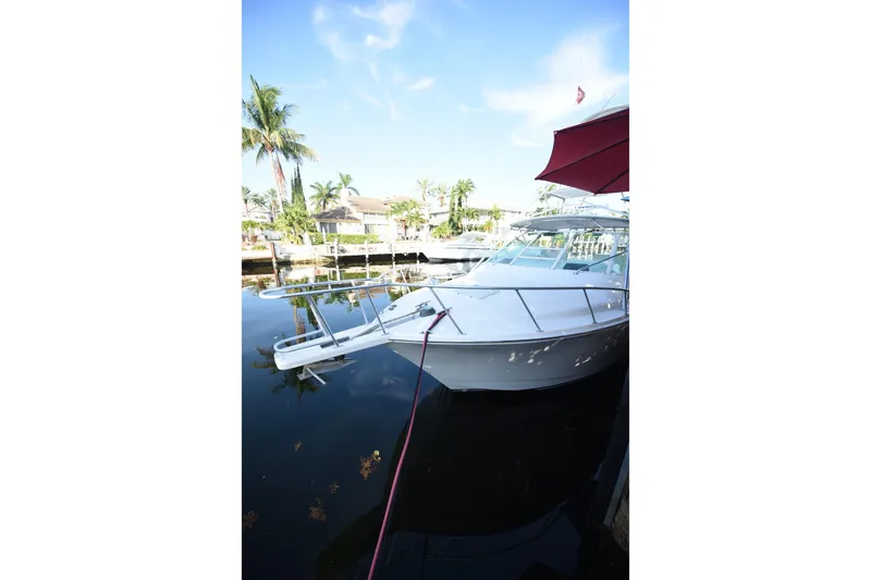 Slide: The Image of 2002 Cabo 35 Express yacht docked by palm trees under a clear blue sky. - 35