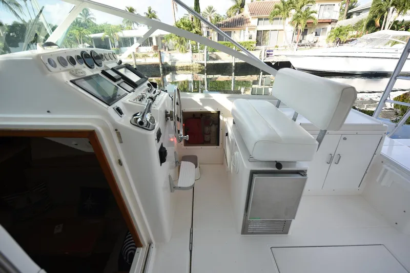 Slide: The Image of Cockpit of 2002 Cabo 35 Express boat with helm controls and seating. - 62