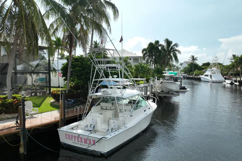 Slide: The Image of 2002 Cabo 35 Express boat docked in a tropical canal setting with palm trees. - 3