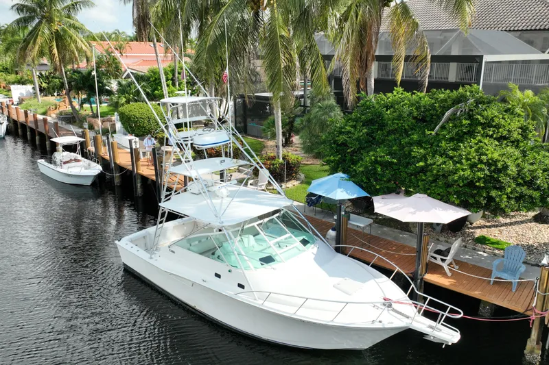 Slide: The Image of 2002 Cabo 35 Express boat docked by tropical waterfront with palm trees and umbrellas. - 1
