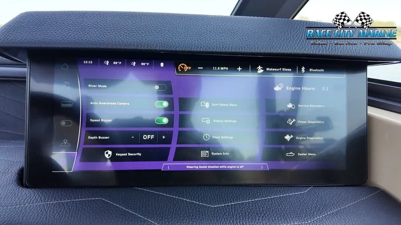 Slide: The Image of The image shows a modern boat dashboard with a digital display showing various settings. - 49