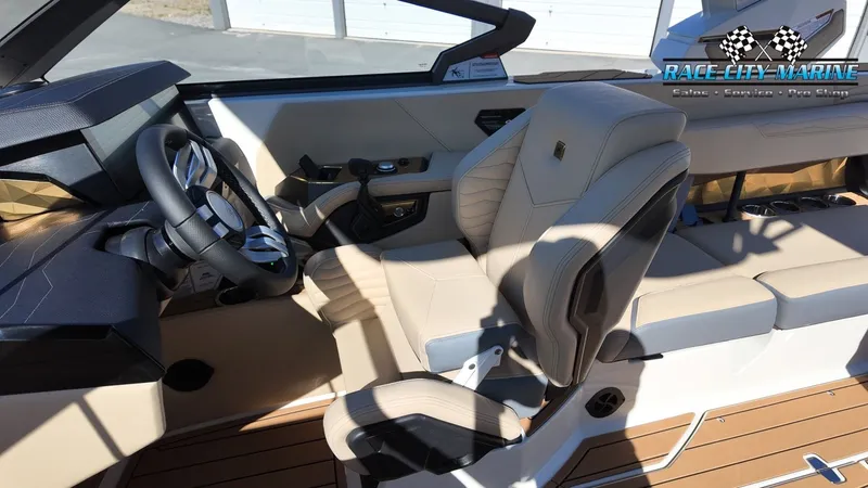 Slide: The Image of Interior view of a modern boat with beige leather seat and stylish steering wheel. - 39
