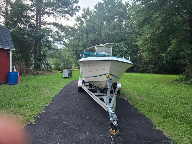 Slide: The Image of A 1999 Sea Pro 210 CC boat on a trailer in a green garden setting. - 2