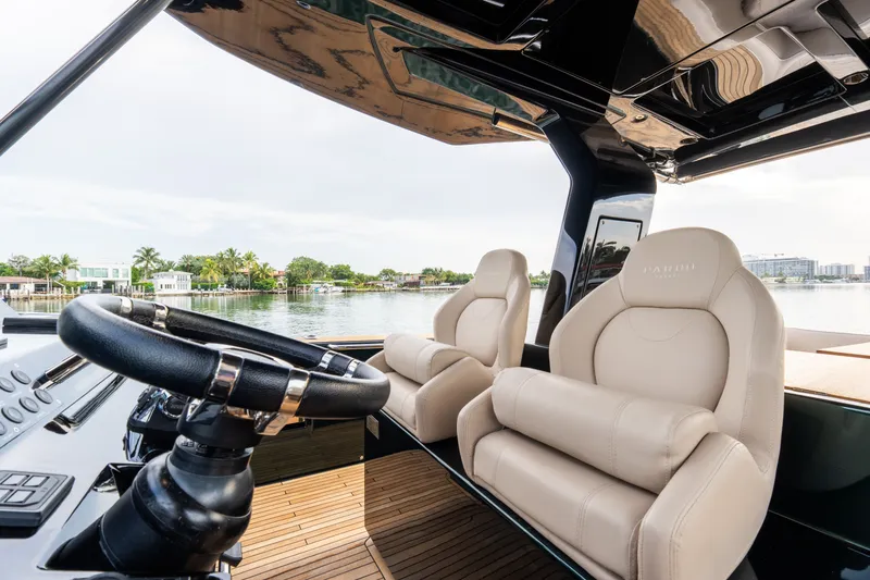 Slide: The Image of Luxury interior of 2020 Pardo Yachts 50 with leather seats and steering wheel. - 89