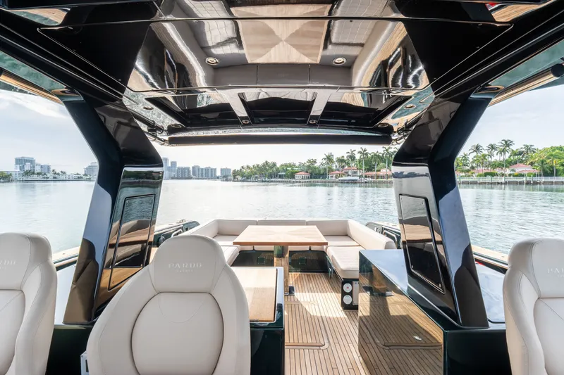 Slide: The Image of Luxurious interior of 2020 Pardo Yachts 50, featuring elegant seating and scenic waterfront view. - 46