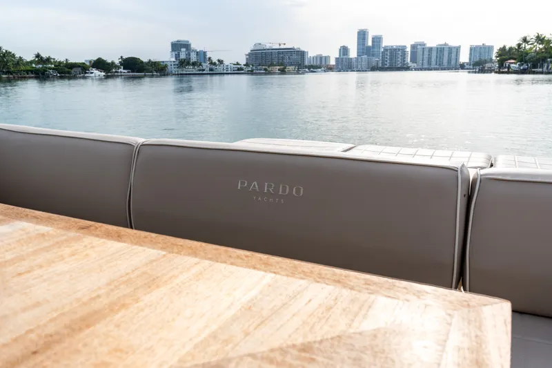 Slide: The Image of Luxury Pardo Yachts 50, 2020 model, with scenic waterfront city view. - 47