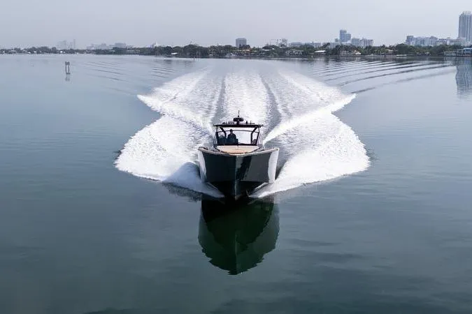 Slide: The Image of 2020 Pardo Yachts 50 cruising on calm water, leaving a wake behind. - 13